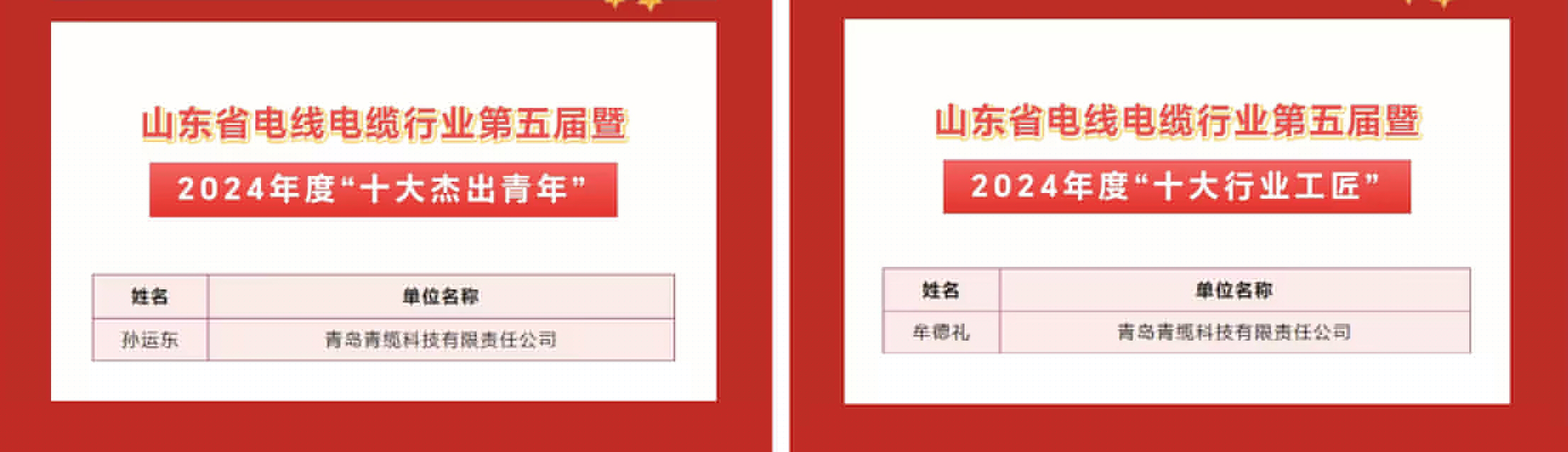 青纜職工獲評2024年度“十大杰出青年”及“十大行業工匠”(圖1)